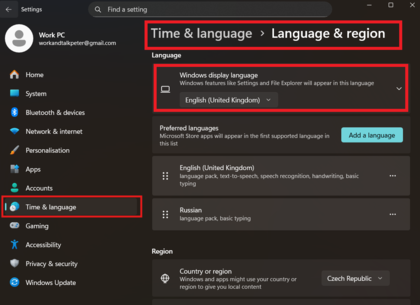 Windows-Einstellungen zeigen Tastaturlayout