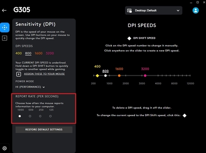 Ajustement du taux de rapport dans Logitech G Hub