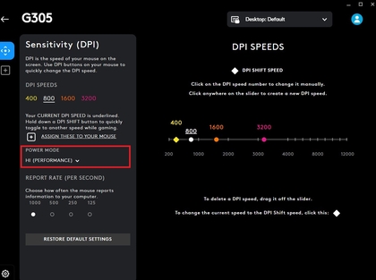 Param&egrave;tres du mode d'alimentation dans Logitech G Hub