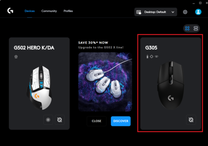 S&eacute;lection de la Logitech G305 dans Logitech G Hub