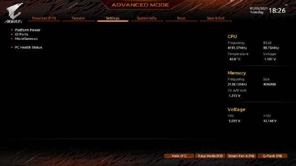 BIOS Setup - Settings