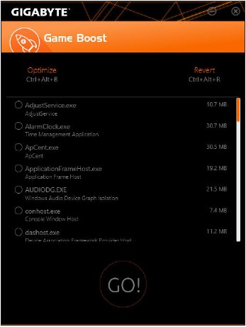 Interfața Game Boost