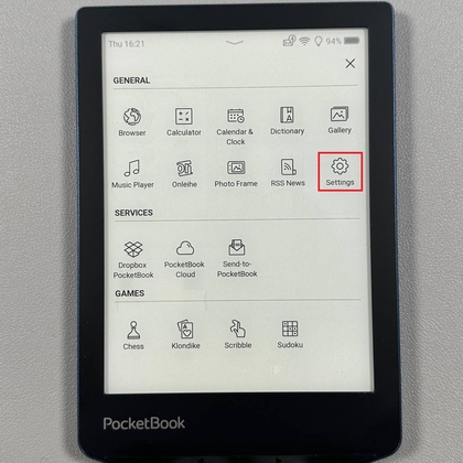 Instellingen-app-pictogram op PocketBook 634 Verse Pro