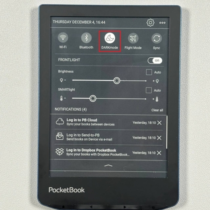 PocketBook 634 Verse Pro met ingeschakelde donkere modus