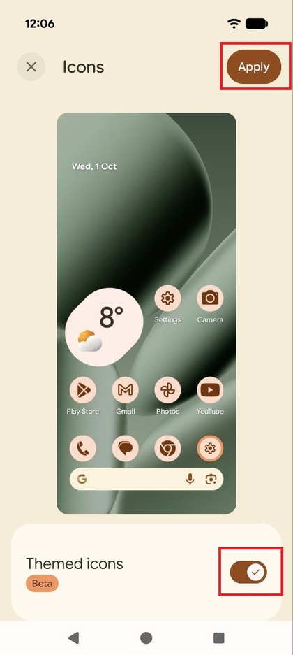 Screenshot of the Themed icons option enabled with the Apply button highlighted, showing the new colour applied to the preview icons.
