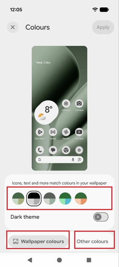 Captura de ecr&atilde; do menu de op&ccedil;&otilde;es de Cores a mostrar diferentes escolhas de paleta Cores do fundo e uma sele&ccedil;&atilde;o de Outras cores.