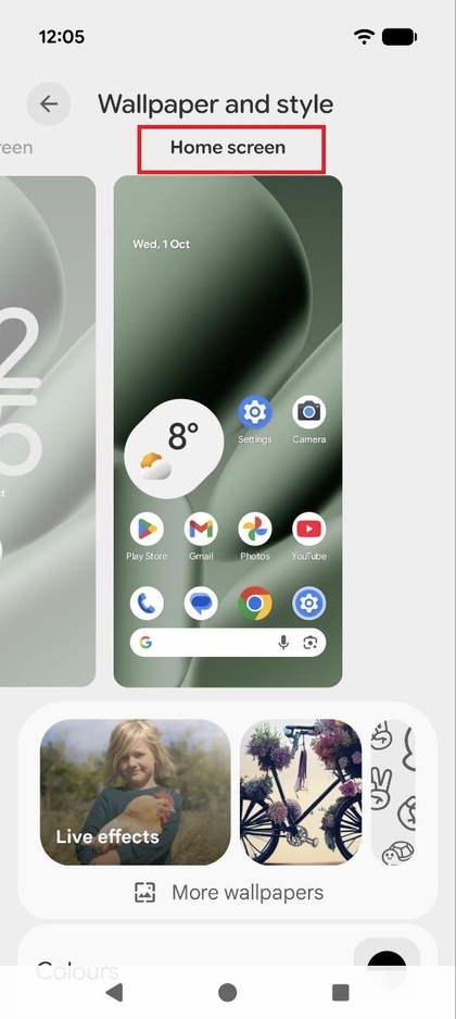 Sk&aelig;rmbillede af Wallpaper & style-menuen med Home screen-indstillingen fremh&aelig;vet.