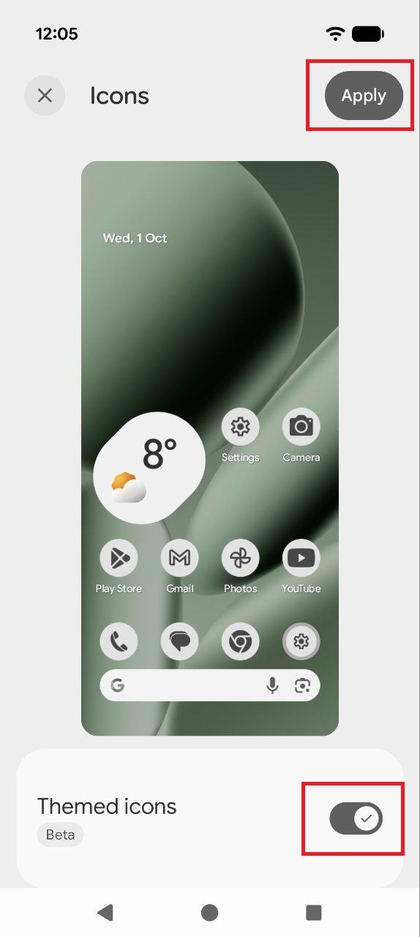 Kuvakaappaus Kuvakkeet-valikosta, jossa Themed icons (Teemakuvakkeet) -kytkin on k&auml;yt&ouml;ss&auml; ja K&auml;yt&auml;-painike on korostettu.
