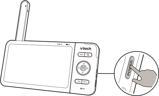 Depois que a unidade dos pais estiver totalmente carregada, pressione POWER at&eacute; que a tela de boas-vindas apare&ccedil;a.