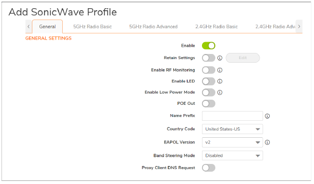 Configuraci&oacute;n del perfil de aprovisionamiento de SonicWave - Ajuste general