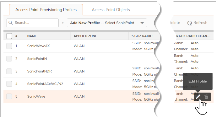 Configuraci&oacute;n del perfil de aprovisionamiento de SonicWave - Adici&oacute;n de un nuevo perfil