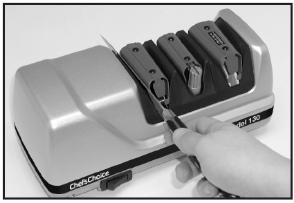  Inserting blade in slot between guide and flexible spring.