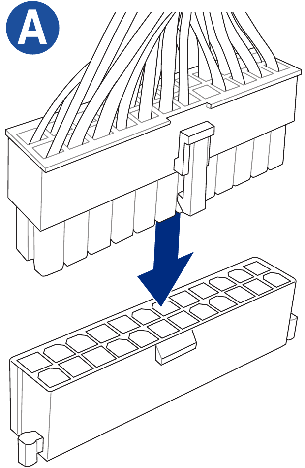 Namestite napajalne priključke ATX - 1. korak