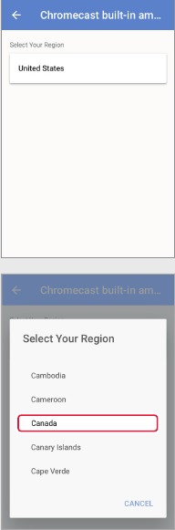 Schermata di selezione della regione nell'app Google Home su iOS