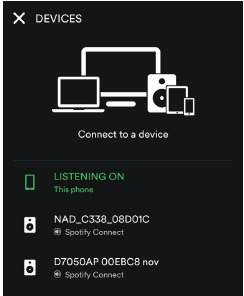Screenshot dell'app Spotify con l'opzione dispositivi disponibili