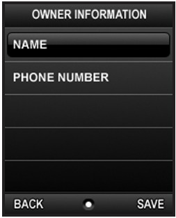 Vartotojas gali įvesti įrenginio savininko vardą ir telefono numerį