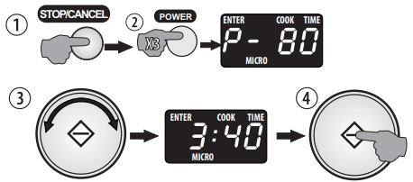 Eksempel: Koke mat i 3 minutter og 40 sekunder med 80 % effekt