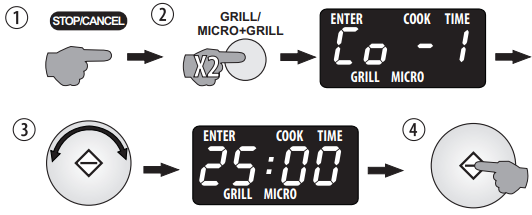 Eksempel: Slik stiller du inn et Com 1-tilberedningsprogram som tar 25 minutter: